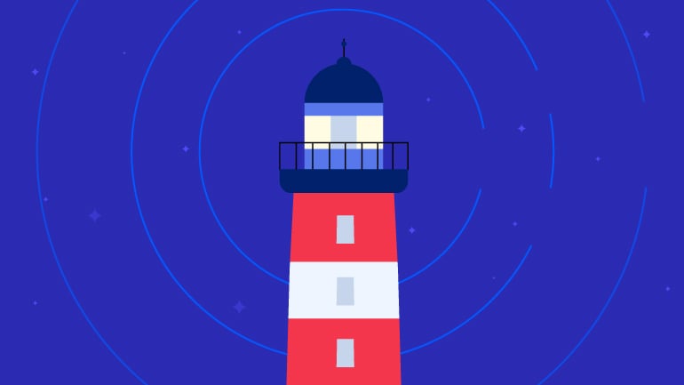 Red and White Lighthouse against blue starry sky