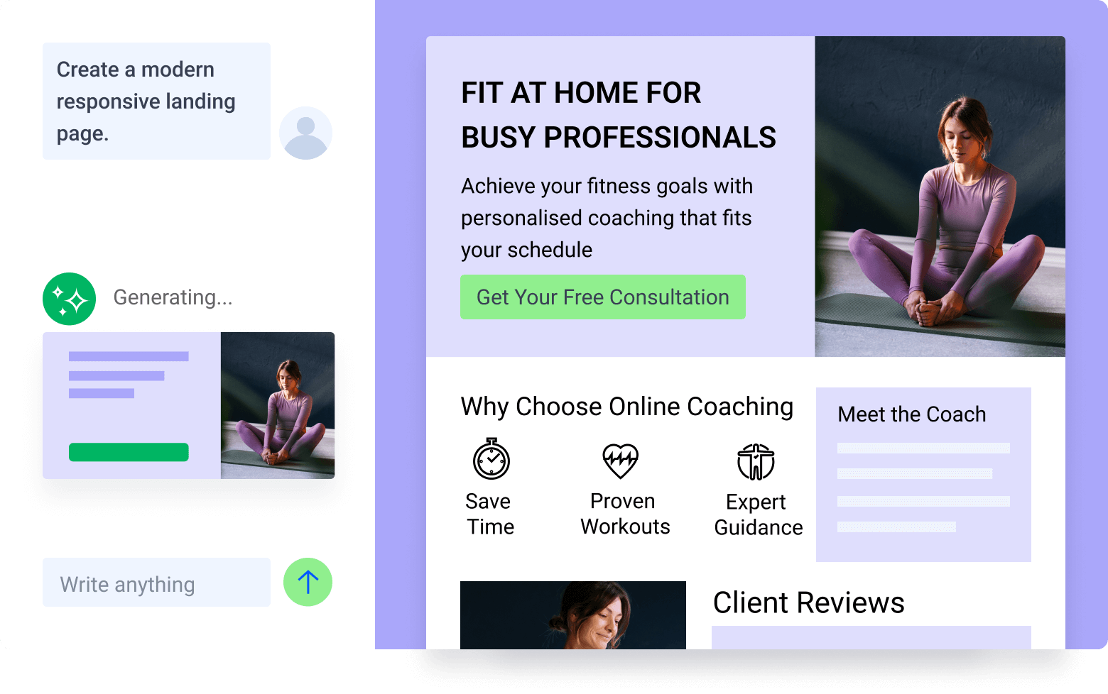 Screenshot of a landing page builder generating a fitness coaching website with the headline “Fit at Home for Busy Professionals,” a call-to-action button for a free consultation, sections for online coaching benefits, meet the coach and client reviews.