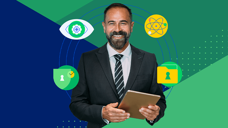 Man in suit holding tablet and smiling with data, security and AI-themed graphics surrounding him