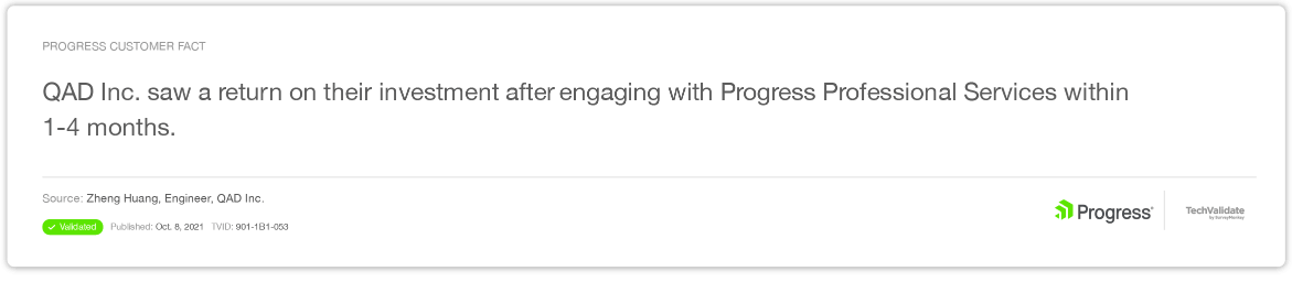 QAD Inc. saw a return on their investment after engaging with Progress Professional Services within 1-4 months. - Zheng Huang Engineer, QAD Inc.